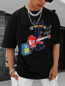 Dynamic Music Guitar Kitten Print T-Shirt – 220g, Pure Cotton Short Sleeve Round Neck Top, Fashionable Casual Premium Men's T-Shirt – High-Quality Cartoon Print Design, Soft And Breathable, Loose Fit, Perfect For Music Lovers And Kitten Enthusiasts - 黑色 - 查看 3