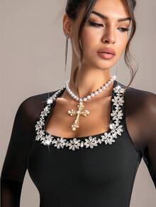 Đầm dạ hội màu đen thanh lịch, cổ vuông, tay áo lưới, xẻ tà, đính đá lấp lánh. - màu đen - Xem 8