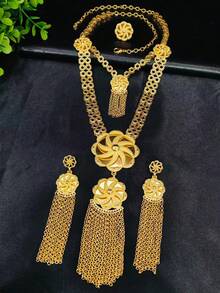 1pc Necklace, 1 Pair Earrings, 1pc Ring Hollow Carved Copper Alloy Jewelry Set, Gold Tassel Long Necklace, Hollow Floral Pattern 4-Piece Jewelry Set, Middle Eastern Dubai European & American Fashion Women Wedding Party Birthday Date Holiday Gift Bridal Accessories Necklace Earrings Ring - Yellow Gold - View 2
