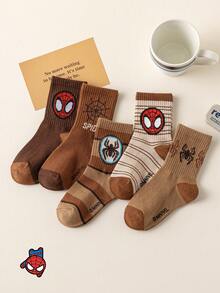 Marvel 5 Pairs Kids Socks, Spider-Man Superhero Socks For Boys Mid-Calf Socks, Korean Style Cartoon Socks For Girls, Autumn/Winter