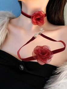 1pc Elegant Red Rose Choker Necklace - Wide Black Velvet, Vintage Style, Suitable For Party And Casual Wear, Party Accessory | Vintage Jewelry | Velvet Texture