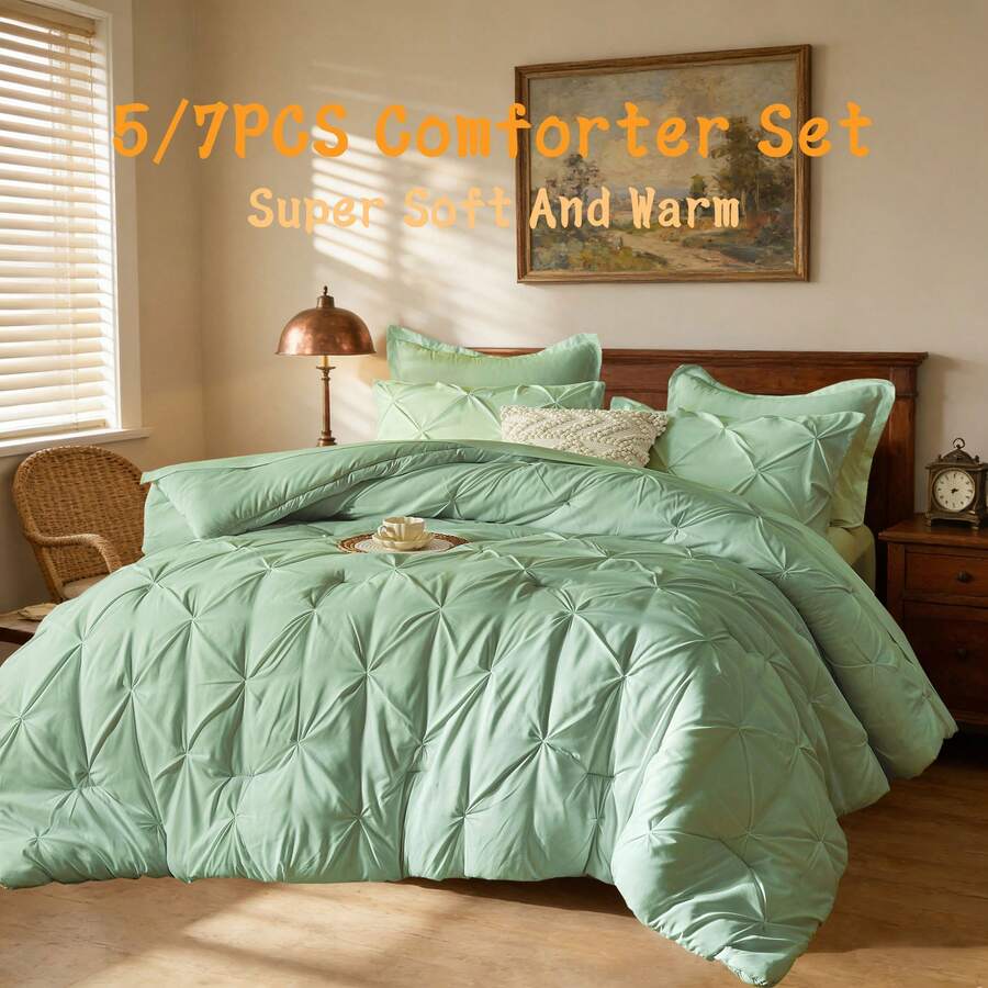 5/7pcs Modern Minimalist Bed Comforter Set, 100% Microfiber Soft Breathable Winter Bedding Set, Comfortable And Warm, Include 1 Comforter+1 Flat Sheet+1 Fitted Sheet+1/2 Pillowcases+1/2 Pillowshams,All-Season, Bed In A Bag,Wonderful Room Decor,Christmas Gift - Green-BZ74 - 查看 1