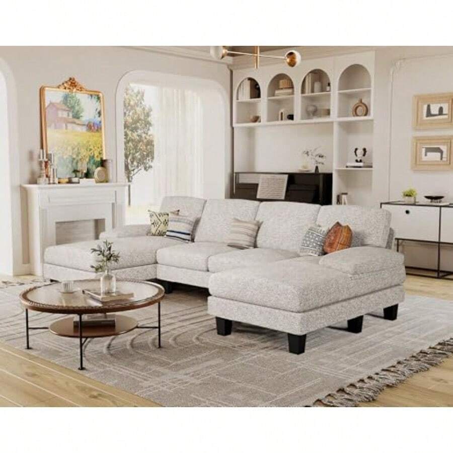 Sectional Couches For Living Room U-Shaped Sofa Couch With Linen Fabric 4 Seat Sofa Set With Double Chaise For Apartment Loop Yarn Pearl Gray - Pearl Gray - View 1