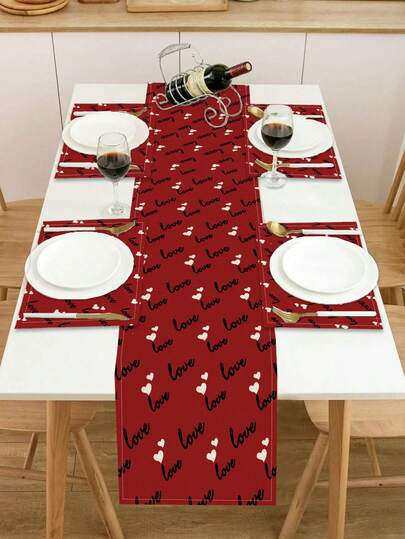 1pc Valentine's Day Series Heart Pattern Printed Table Runner, 4pcs Valentine's Day Series Pattern Printed Placemats, Suitable For Holidays, Parties, Birthdays, Dinners, Kitchen & Dining Room Table Decor, All Season Home & Living Room Decor