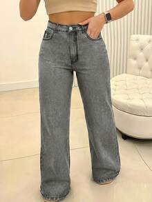 Plus Size Washed Long Non Stretch Jeans With Pockets For Women Casual Spring - Light Grey - View 1