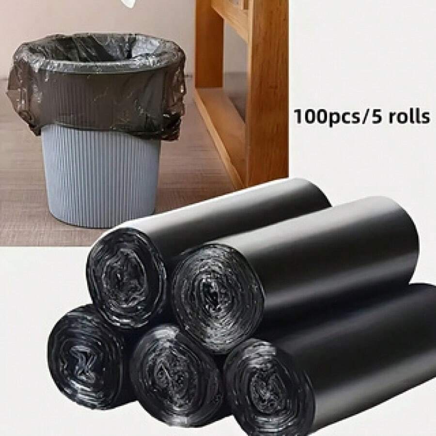 5卷100个装加厚垃圾袋 - 防漏聚乙烯材质，适用于家庭、办公室、厨房、浴室和户外，多用途清洁解决方案，便捷卷装设计，办公垃圾处理 | 时尚黑色垃圾袋 - 黑色 - 查看 1