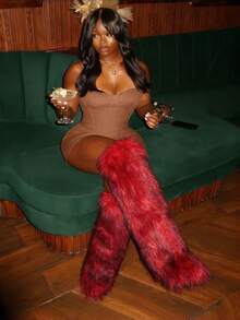 Women's Winter Furry Snow Boots Fuzzy Fluffy Round Toe Suede Booties Flat Heel Slip On Outdoor Indoor Shoes Fashion Warm Fluffy Shoes - 過膝紅色 - 查看 5