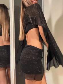 Women's Sequin Two Piece Set  Sparkly Bandeau Sheer Poncho Top  Mini Skirt Outfit For Pool Party Festival Clubwear ﻿ - 黑色 - 查看 5
