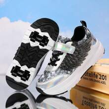 1双街头风翅膀可拆卸伸缩四轮轮滑鞋，适合青少年，男女通用，PU系带直排轮滑鞋 - 黑與白 - 查看 12