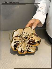 1 Stylish Solid Color Messenger Bag Metallic Flower Shape Evening Clutch Bag, For Wedding Party Formal Dress Accessory, Lipstick, Coin Purse, Jewelry Pouch, With Detachable Chain Strap, Chic Gift For Her - 金色 - 查看 12