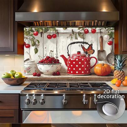 1pc Retro Kitchen Window Sill Wallpaper Sticker - Red Polka Dot Teapot, Cherry Bowl And Pumpkin Pattern - Self-Adhesive PVC Sticker For Cabinets And Walls - Rustic Style Decoration, Easy To Apply And Remove - Matte Surface, Home Decor, PVC Self-Adhesive Material, 2D Flat Design
