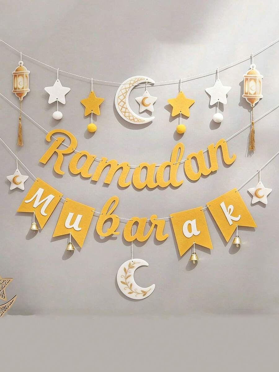Bộ 3 banner treo trang trí Eid Mubarak màu trắng và vàng, làm bằng nỉ, họa tiết trăng, sao, đèn lồng, chuông và tua rua, thích hợp để trang trí tường nền cho các bữa tiệc, lễ hội. - Nhiều màu - Xem 1