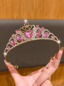 1pc Pink Heart Crown, Fashionable & Sweet Style Hair Accessory Suitable For Birthday And Performance - Multicolor - View 3