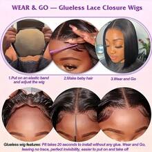 32英寸黑色长直发免胶4x4预剪蕾丝前额闭合假发，短款波波头直发，无需胶水，即戴即用，耐热纤维混纺真人发假发，带婴儿发，180%密度，女士款