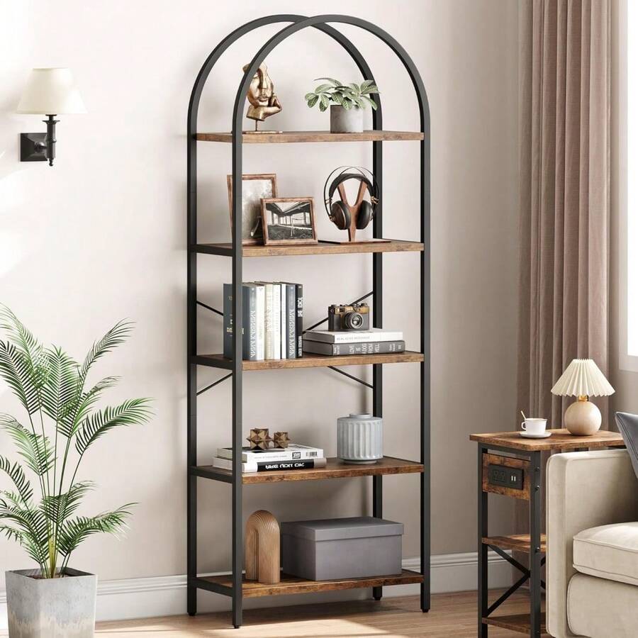 Bücherregal mit 5 Ebenen, gewölbtem Design, hohem Standregal mit Metallrahmen, offenem Aufbewahrungsregal, großem schwarzen Bücherregal für Schlafzimmer, Wohnzimmer, Homeoffice - Schwarz + Retro-Farbtafel - Übersicht 1