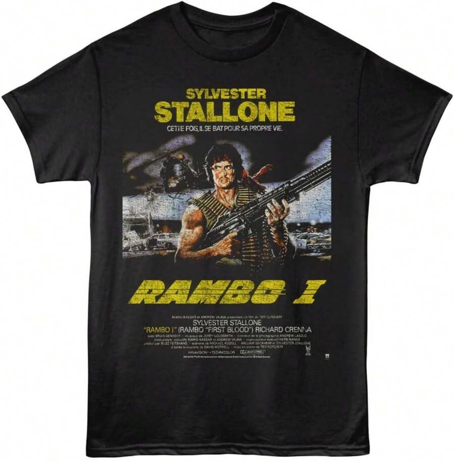 American Classics Rambo T Shirt For Men & Women French Poster Black Graphic Crew Neck Short Sleeve T - màu đen - Xem 1