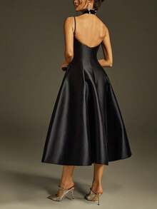 Nuevo vestido de mujer de moda negro sexy sin mangas con cuello en V y espalda descubierta, plisado hasta la rodilla, vestido ajustado elegante para dama de honor de boda, fiesta de cumpleaños, evento formal, gala, graduación y baile de promoción - Negro - Ver 5