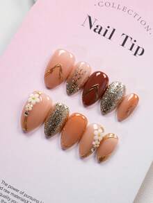 Valentine's Day Nail Art Set, 10pcs Sweet Style New Handmade Nail Stickers, Short Almond Shape, Glitter Luxury False Nails, Suitable For Holidays And Daily Wear, Handmade, Reusable, Comes With 1 Mini Nail File And 1 Sticker Label - Multicolor - View 1