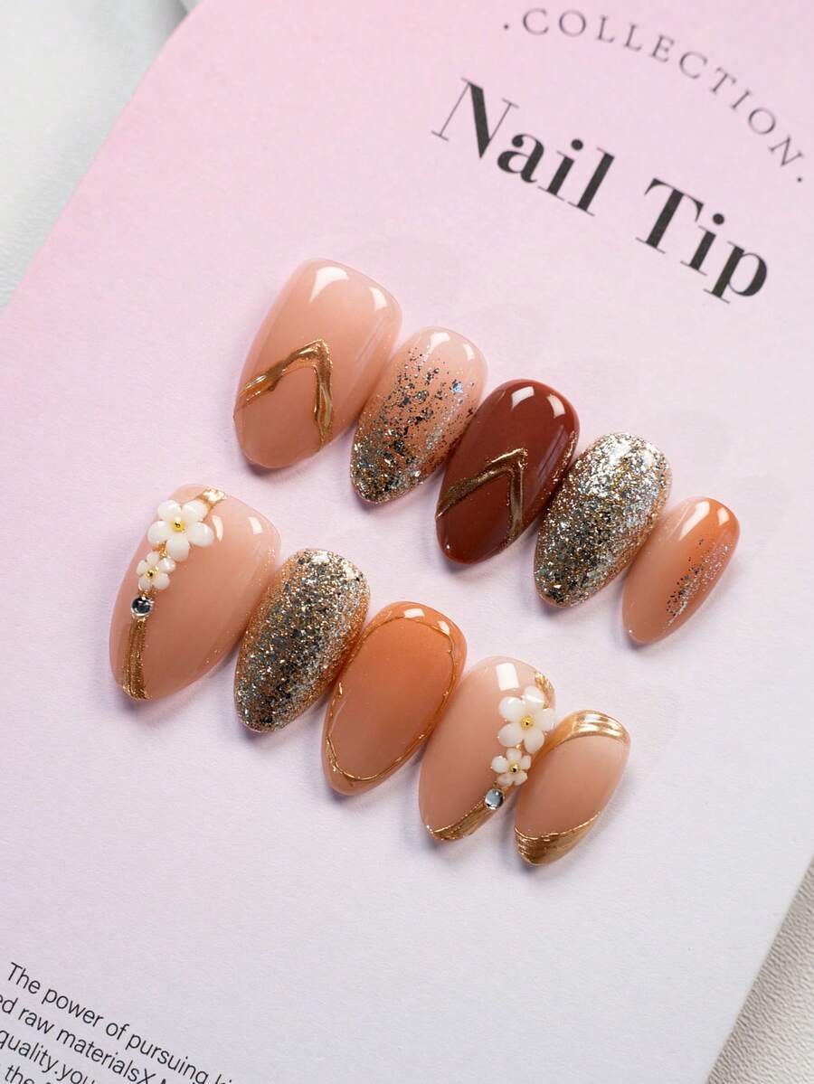 Valentine's Day Nail Art Set, 10pcs Sweet Style New Handmade Nail Stickers, Short Almond Shape, Glitter Luxury False Nails, Suitable For Holidays And Daily Wear, Handmade, Reusable, Comes With 1 Mini Nail File And 1 Sticker Label - Multicolor - View 1