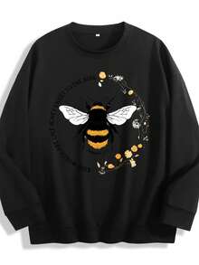 Bee Print Sweatshirt, Long Sleeve Crew Neck Casual Sweatshirt For Fall & Spring, Women's Clothing Christmas Outfit Women Christmas Sweatshirt Fall Clothes For Women Winter Clothes For Women Christmas Decor - 黑色 - 查看 15