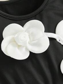 Vestido de verano para niña, estampado floral 3D de tul con patchwork, mangas cortas, cuello redondo, corte A - Negro - Ver 6