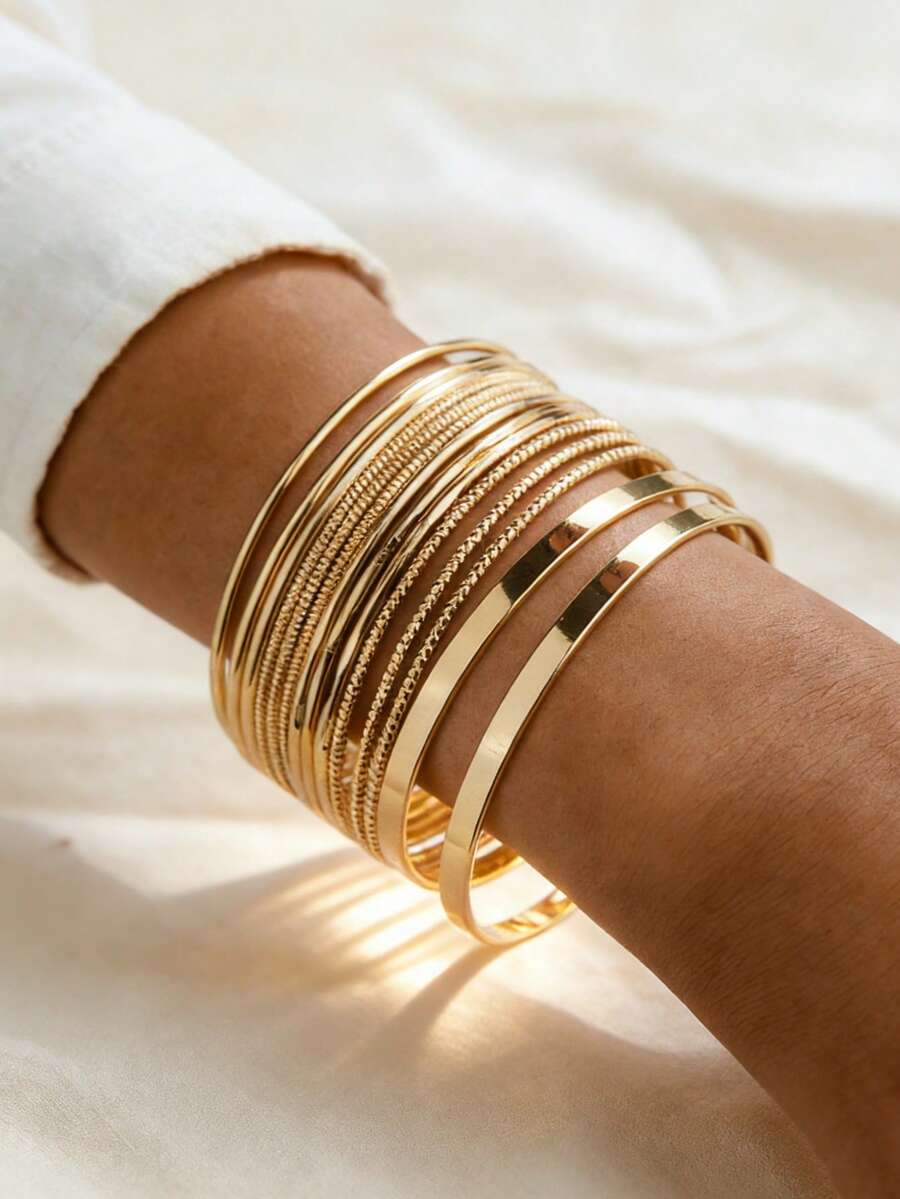 RINTOLER 14pcs Geometric Smooth Iron Bangle Set, Elegant Vintage Multi-Layer Closed Bangle Bracelet For Women, Diameter 6.8CM - ZJ10287-14 Bracelets - View 1