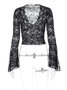 Women's Lace V-Neck Flare Sleeve Casual Top, Sexy For Party, Spring/Summer, Vacation, Street, Valentine's Day - Black - View 2