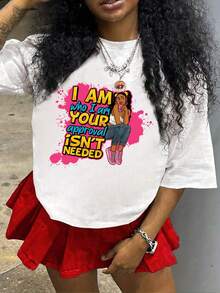 Girls & Teenagers Students Casual Printed Black Crew Neck Short Sleeve T-Shirt Top, Summer - White - View 2