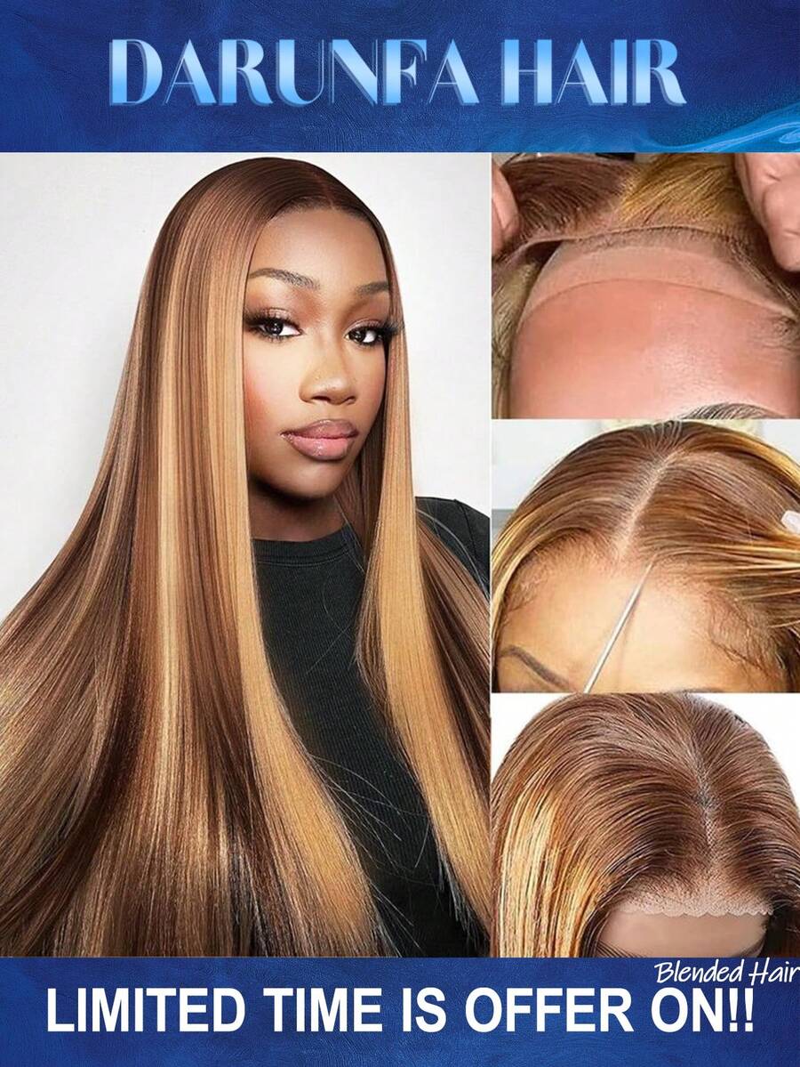 34英寸 P4/27 彩色蕾丝前假发，混合真人发丝，13x4 高清透明直发蕾丝前假发，真人发丝，预先拔毛，女士假发 - SP4/27 - 查看 1