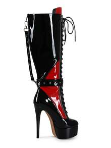 女士朋克风厚底撞色圆头系带过膝长靴 - 黑色 - 查看 2