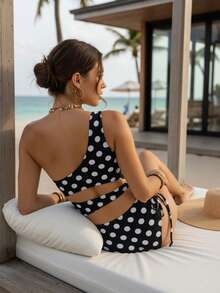 Bộ đồ bơi Monokini hở vai gợi cảm màu trơn mùa hè, kỳ nghỉ ở bãi biển - Chấm bi đen trắng - Xem 6
