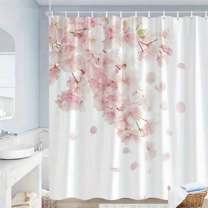 Sakura Rain Shower Curtain, Delicate Pink And White Flowers In Full Bloom, Minimalist Composition, Mysterious And Romantic Atmosphere, Dense Flowers On White Background, Home Bathroom Decor With Hooks, Bathroom Accessories, Best Gift