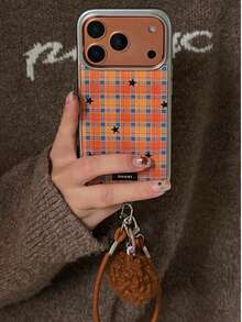 橙色格子极简星形图案软硅胶手机壳，兼容 15、17 Pro、17 Pro Max、14、17、16 Pro Max、13 - 橘色 - 查看 4