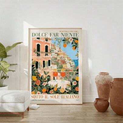 1pc "Dolce Far Niente" Colorful Oil Painting Art, Italian Spritz Art, Positano Art, Amalfi Coast, Home Decor Gift, Wall Art, Wall Decor Poster, Wall Canvas Decor, Ideal Gift For Hallway, Bedroom And Living Room, Birthday And Graduation Gift