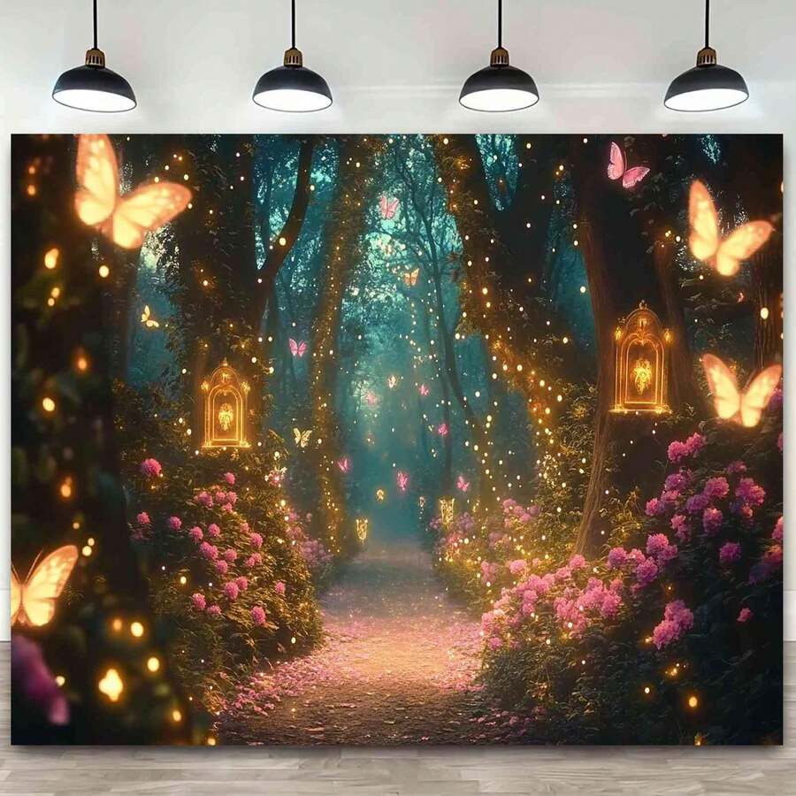 Magical Butterfly Path Fairy Forest Wall Tapestry - Enchanting Glowing Lanterns & Vibrant Flowers, Polyester Fabric, Perfect For Living Room, Bedroom, Or Party Decor, 59x39in / 51.18x59in / 90.5x70.8in, Living Room Enhancement| Magical Ambiance| Durable Wall Hanging, Butterfly Decorations - 如圖所示 - 查看 1