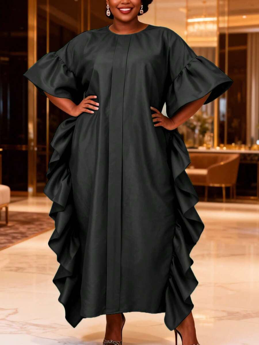 非洲风情长裙，荷叶边喇叭袖，圆领，梭织面料，适合特殊场合 - 黑色 - 查看 1