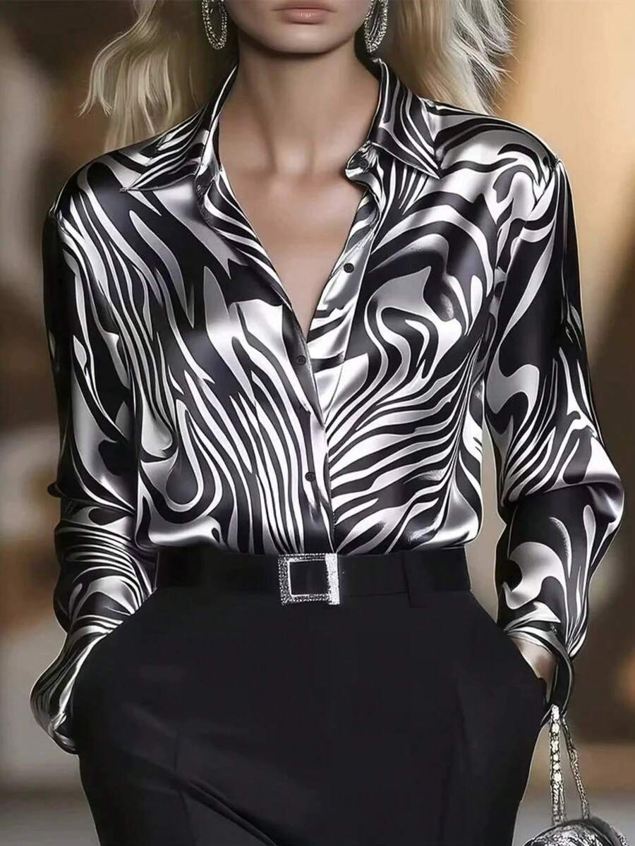 Women's Elegant Solid Color V-Neck Long Sleeve Blouse With Pleated Detail - Fashion Top For Spring&Fall - 摩卡棕 - 查看 1