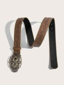 1条西部牛仔复古三叶草造型金属花卉PU皮革腰带，女士适用，适合搭配牛仔裤、裙子，适合派对、情人节、返校、度假、日常穿着。 - 四葉草串珠棕色 - 查看 4