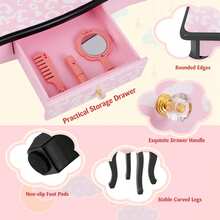 Lifezeal Kids Vanity Table & Stool Set With Cute Polka Dot Print Tri-Folding Mirror Drawer Pink&White/Light Pink&White/Pink&Black/Blue/Pink - Hồng và Đen - Xem 4