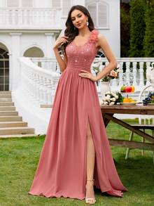 MIUSOL Sequin Floral Lace Sweetheart Neck Sleeveless Ruffle Chiffon Slit Maxi Formal Party Dress, Formal Evening Gown, Suitable For Wedding Guest, Graduation Ceremony, Banquet And Other Occasions - Dusty Pink - View 4