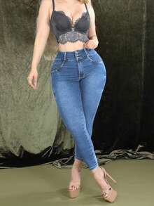 大码女式浅蓝色高腰三扣修身牛仔裤，褪色渐变设计拉长腿部线条，复古明线缝制紧身裤，休闲度假春季款 - 中等水洗藍 - 查看 4