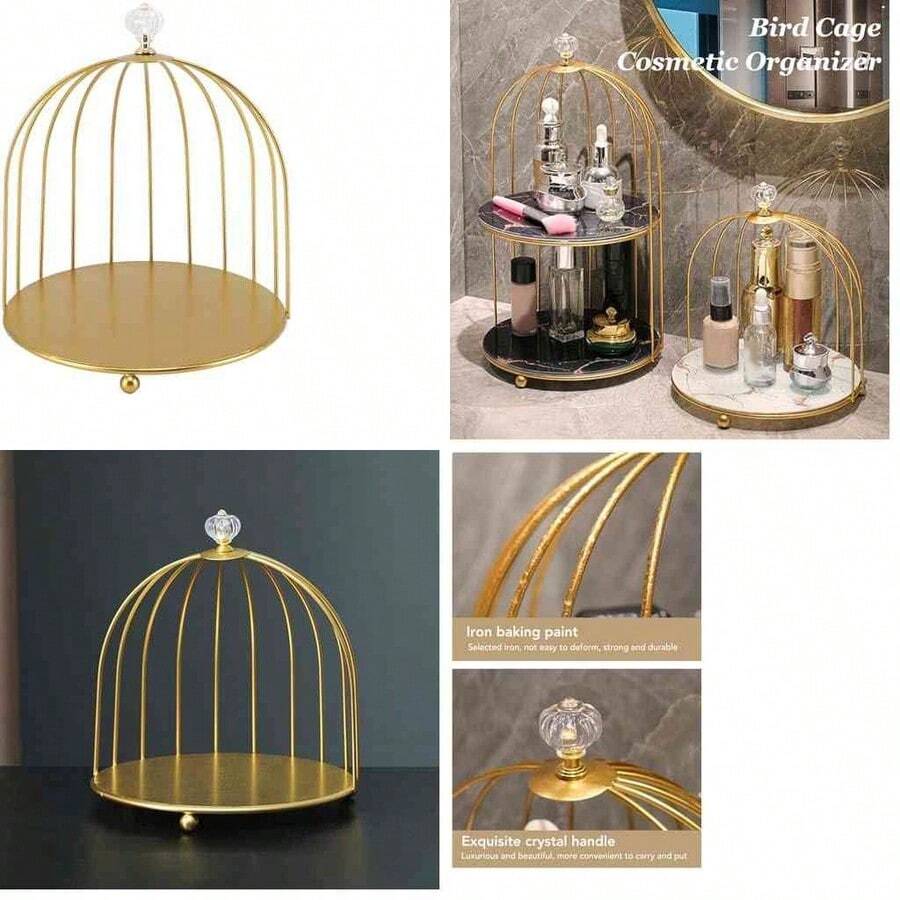 Asixxsix Jaula de pjaros Organizador de Maquillaje, de Hierro de Oro cosmticos Estante de exhibicin de Ahorro de Espacio de la Magdalena de pie Esencia locin Estante para el bao (una - una sola capa - Ver 1