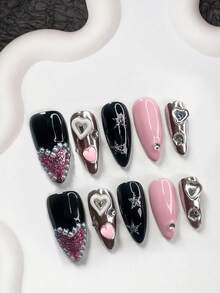 Bộ 10 móng tay nghệ thuật dễ thương và cá tính, móng giả acrylic, hình trái tim rỗng màu trắng, hình ngôi sao năm cánh bóng, hình trái tim 3D đáng yêu, phụ kiện móng tay đính đá tròn màu trắng, dụng cụ làm móng, móng giả thủ công. - Nhiều màu - Xem 16