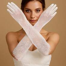 Women's White Long Lace Gloves Mesh Tulle Sheer Elbow Length Bridal Wedding Glove Elegant Floral Costume Gloves For Wedding Opera Party Tea Party Cocktail Cosplay Masquerade - 如圖 - 查看 3