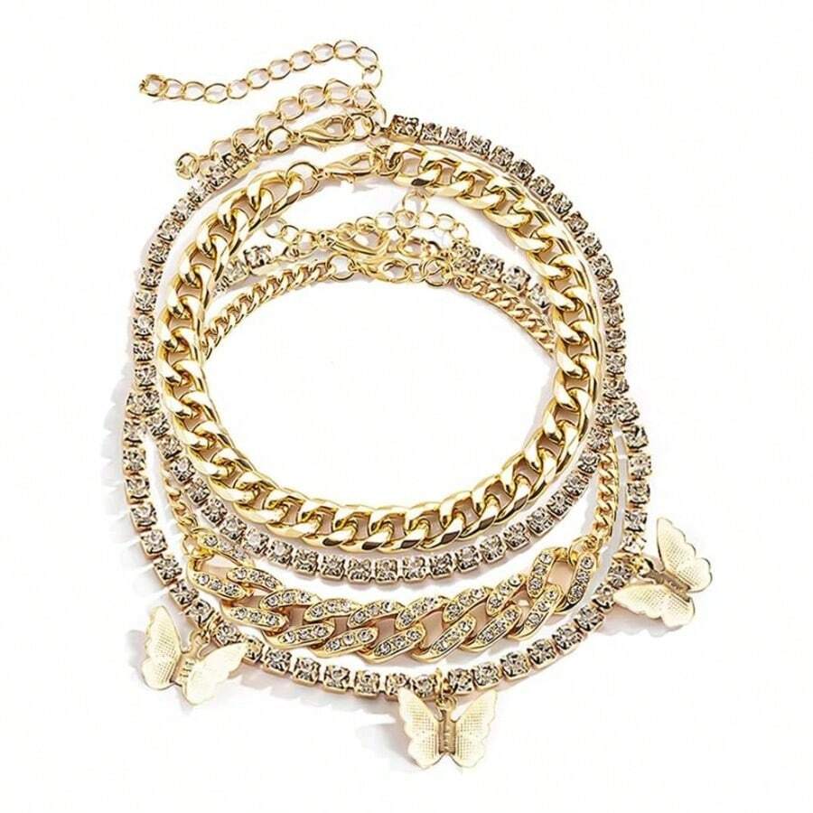 Layered Butterfly Anklet For Women Charms Butterfly Gold Silver Rhinestone Adjustable Cuban Anklets - 鍍金 - 查看 1