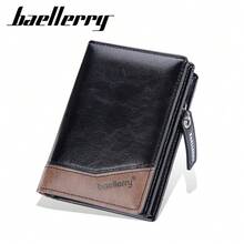 Baellerry Men's Short Wallet, European And American Retro Style, Multi-Card Slots, Closure, Patchwork Leather, Fashionable Zipper Coin Purse - Coffee Brown - View 1