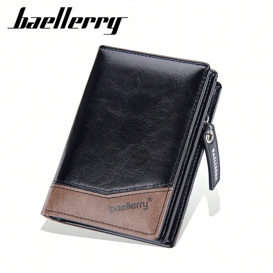 Baellerry Men's Short Wallet, European And American Retro Style, Multi-Card Slots, Closure, Patchwork Leather, Fashionable Zipper Coin Purse - Coffee Brown - View 1