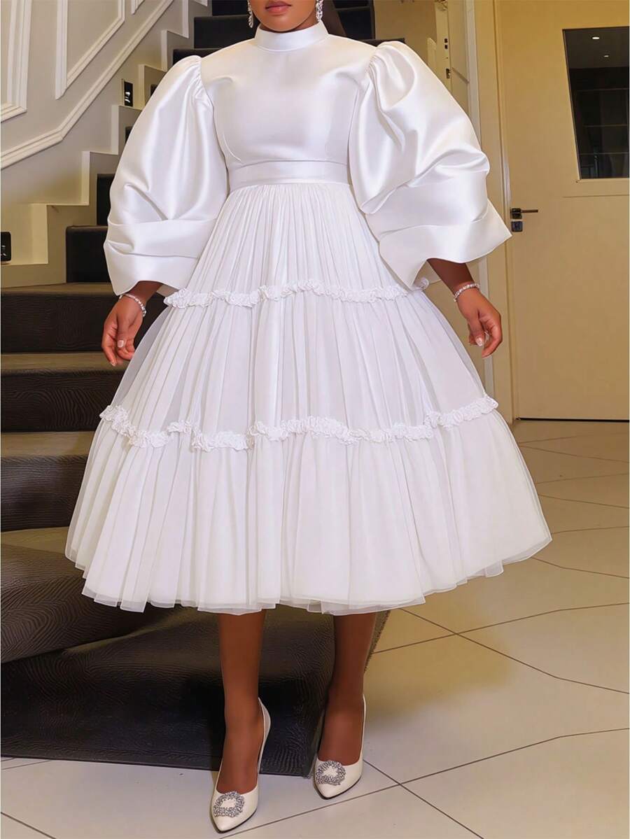 GLOURI Women's White High-Neck Dress - Oversized Puff Sleeve & Tiered Ruffle Detail | Elegant Glamorous Style For Wedding Guest Events, Birthday Parties, Afternoon Tea Gatherings, Holiday Dinners, BFF Dates - 白色 - 查看 1