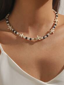 1pc Women's Beach Vacation Necklace - Turquoise Starfish Pendant With Faux Pearl, Asymmetrical Pearl Beaded Necklace, Casual Wear Or Gift, Natural Element Decorated Beach Accessory, Bohemian Style Necklace - Multicolor - View 8