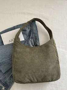 Nueva bolsa de hombro de pana de unicolor y versátil, bolso baguette minimalista casual, bolso cubo grande - Verde - Ver 7
